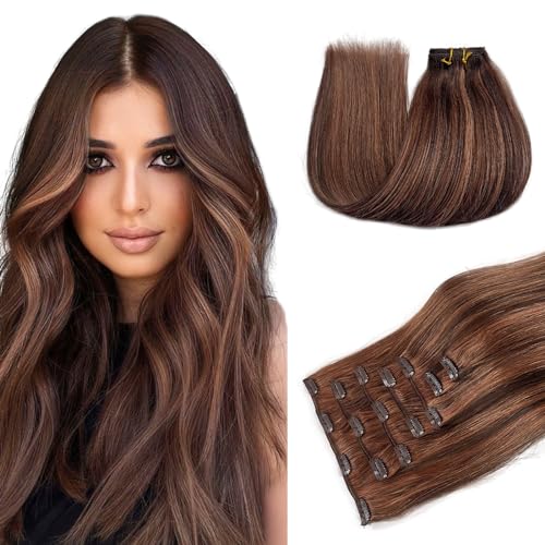 Image of Belaved Human Hair Clip in Extensions 12inch Dark Roasted Coffee&Caraamel Brown Clip in Hair Extensions Real Human Hair Straight Hair Extensions for Women 70g 7pcs #2P30