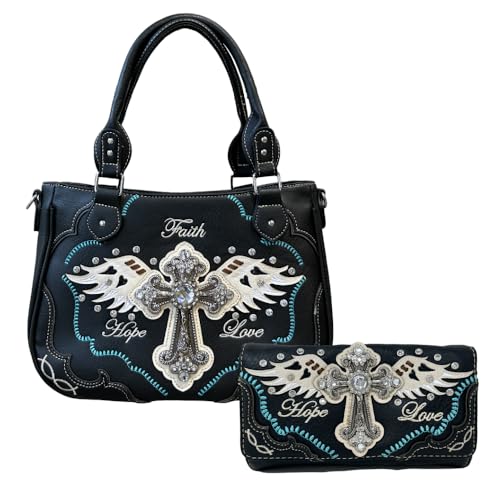 Image of Faith Love Hope Purse and Wallet Set - Angel Wings Cross Bag for Women - Black