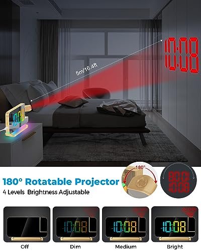 Szelam SZ-8853B-GD Projection Alarm Clock,7.4 Inch Led Mirror Digital Clocks Large Display,With 180° Rotatable Projector,Rgb Night Light,Usb C Port,Auto Dimmer thumb #4