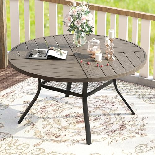 Image of VICLLAX Round Patio Table with Adjustable Umbrella Hole for 6, All Weather Metal Outdoor Dining Table for Lawn Garden, 47.2 inch Outdoor Coffee Table, Grey Wood-Like Tabletop