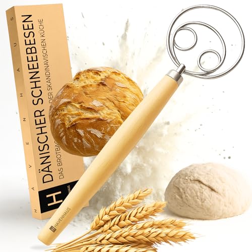 HAVENHAUS Dänischer Schneebesen mit 4 Schlaufen | Teigrührer für Brot Teig & Sauerteig | Teiglöffel | dänischer Teigbesen Edelstahl für einfaches Rühren Teigkneter Brotbackzubehör mit Holzgriff