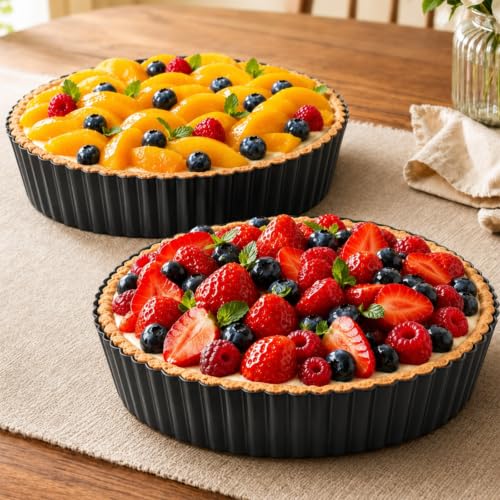 Image of 9.45*2.2 Inch Quiche Pans 2 Pack. Removable Bottom, Non-Stick Coating, Rugged Carbon Steel Baking Dish for Tart Quiche Pie. Metal Mold Gift for Women Wife Christmas Thanksgiving Party Festival