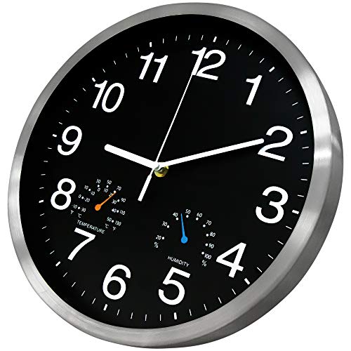12 Inch Silver Aluminum Frame Wall Clock With Thermometer Hygrometer Battery Operated Silent Movement Decorative For Home #TOP1