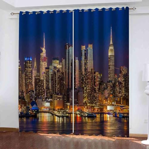 MELABE New York City Window Treatments, Night View 3D Printed Drapes, Darkening Curtains with Top Grommet for Living Bedroom 2 x 58.5W x 137H cm