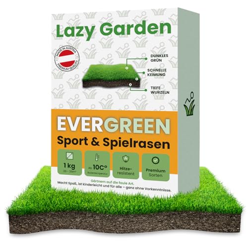 Lazy Garden Evergreen Premium Rasensamen 1 kg für 30 m²| hitzeresistenter Spiel- & Sportrasen | schnelle Keimung ab 10 °C | dicht, strapazierfähig & regenerationsstark | für Neu- & Nachsaat