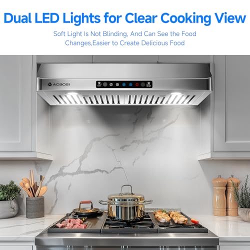 Image of AAOBOSI 30 Inch Under Cabinet Range Hood, 800 CFM Stainless Steel Kitchen Vent Hood with Gesture Sensing, Touch Control, 3-Speed Exhaust Fan, LED Lights, Ducted Range Hood