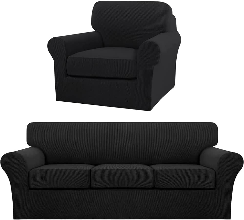 Turquoize 4 Pieces Sofa Covers for 3 Individual Cushion Couch Sofa Slipcover Bundle 2 Pieces Chair Slipcover, Black