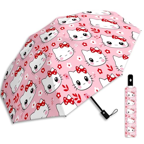 Cute Pink Cat Small Folding Umbrella for Boys and Girls Compact Portable Automatic Open Close Travel Umbrella UV Protection Windproof Sun & Rain Sunshade for Commuting and Outdoor