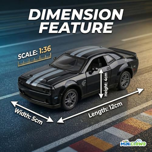 Image of 1:36 Scale Die-cast Model for Dodge Challenger SRT (Black) | Metal body, Openable Doors, Lights, Engine Sound, 1:36 Scale, Birthday Gift For Boys and Kids