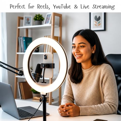 Image of 10 Inch LED Ring Light with Mobile Holder | 3 Color Lighting Modes | Adjustable Brightness | USB Powered Selfie Ring Light for Photography, Makeup, Video Recording