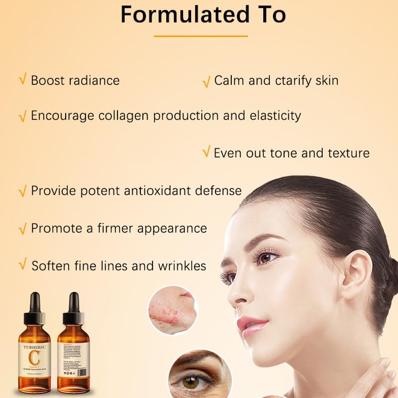 Miniatura 3 de YURHERSU Suero facial de vitamina C, esencia facial de ácido hialurónico, hidratante de larga duración, antienvejecimiento, antioxidante absorbe