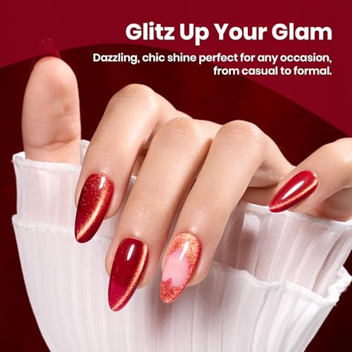 Image of Beetles Red Cat Eye Gel Nail Polish - 15ML Cherry Red Glass Magnetic Cat Eye Glitter Gel Polish with Gold Powder Soak Off UV Twilight Toast Collection Nail Art Design Manicure Gifts for Women
