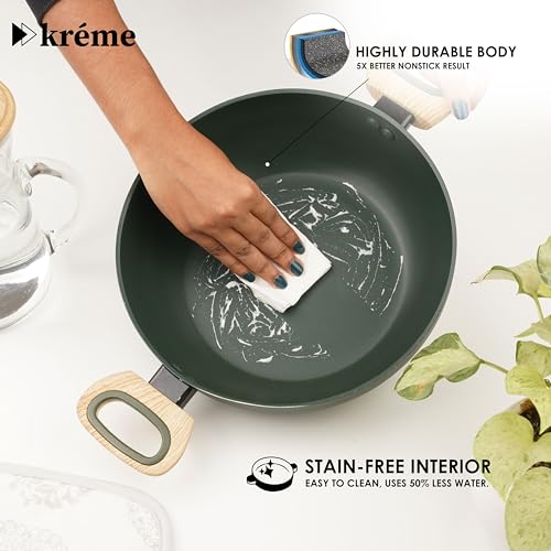 Image of Kreme Venetia Premium Granite Non-Stick 4 Pc Cookware Set | 24cm /2.5L Kadai with Lid 24cm /1.4L Frypan, 28cm Dosa Tawa | Granite Coating | Induction & Gas Stove Use | Healthy Low-Oil Cooking, Green
