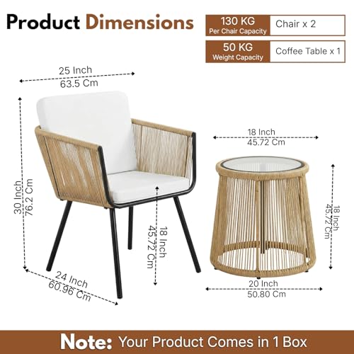 Image of DEVOKO Patio 3 Pieces Porch Backyard Garden Outdoor Rope Chairs with Weather Resistant Cushions and Glass Top Table Conversation Set (Beige and White)