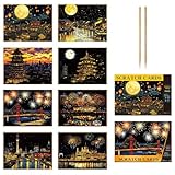 himsyuden 8枚セット スクラッチアート A4サイズ 彫刻アート 削るだけで美しいアート 面白い塗り絵 夜景 花火 DIY スクラッチペーパー スクラッチボード お絵描き ペーパーアート 誕生日 パーティー用 子供プレゼント 部屋飾り