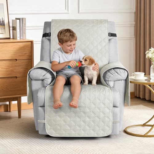 Image of TAOCOCO 100% Waterproof Recliner Covers, Recliner Sofa Covers with Leg Straps, Reversible Recliner Couch Cover for Reclining Chair, Washable Couch Protector for Pets Kids(1 Seater 28 inch, Off White)