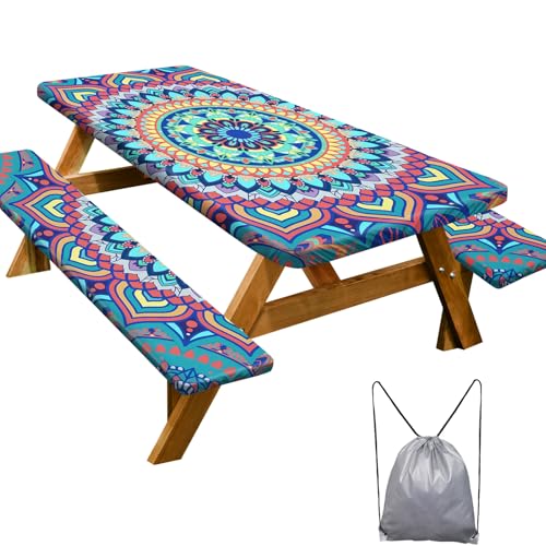 Image of Picnic Table Cover with Bench Covers 6FT 3 Pcs Waterproof Windproof Aesthetic Camping Tablecloth with Drawstring Bag, Fitted for 6 Foot Rectangle Tables and Seats, 72 inch, Yellow Blue Orange