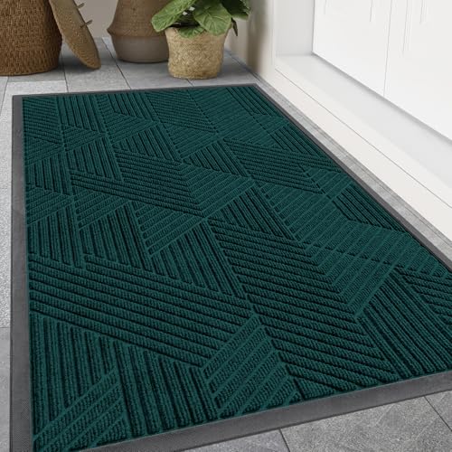Image of Smiry Front Door Mat Outside Entrance, Heavy Duty Sturdy Natural Rubber Doormat, Trap Dirt and Moisture, Easy Clean Low Profile Mats for Indoor Outdoor Entry, Irregular Triangle (47x32, Atlantic Blue)