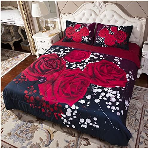 3D Black and Red Roses Bedding Comforter Set Full Size for Teens Girls Kids 3 Pieces Women Down Blanket Queen King Bedspread Wedding Bed in a Bag French Quilts (TPBD-01)