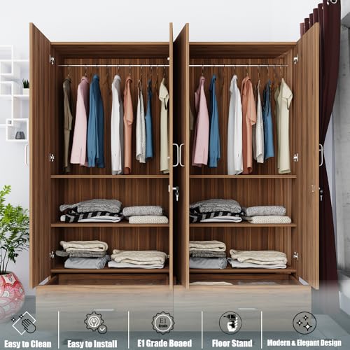 Image of VIKI Wardrobe |Wooden Almirah for 4 Door Wardrobe with 2 Split Drawer & Hanging Space with Mirror (Brussel Walnut - 40D x 160W x 180.8H) | 1 Year Warranty | Free Assembly