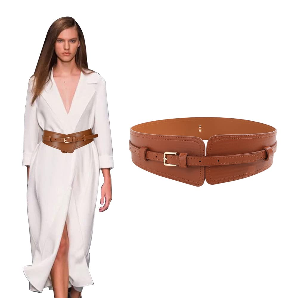 TOEECY Women Wide Waist Belt for Dresses Coat Leather Elastic Double Layer Stretchy Vintage Cinch Belt Waistband (Brown)