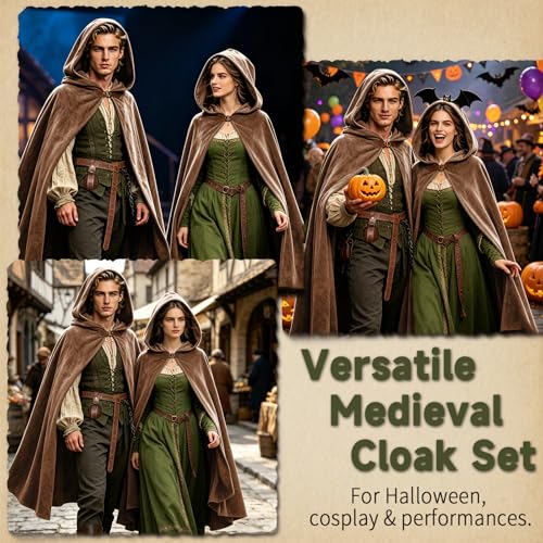 Image of Renaissance Hooded Cloak Set for Men Women Medieval Costume for Halloween