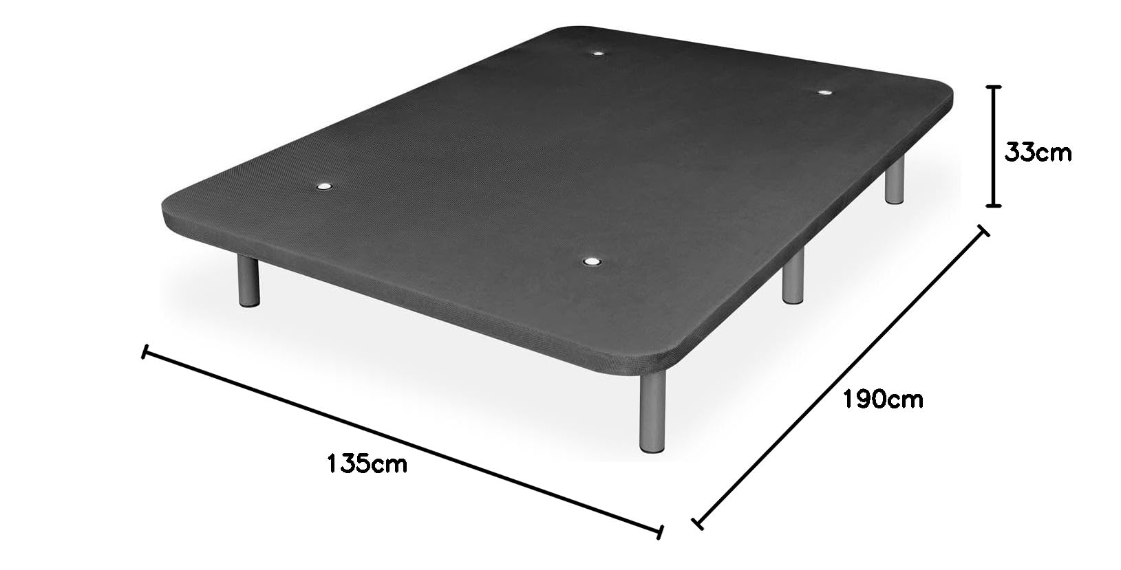 Homey - Base Tapizada 3D Reforzada, Gran Estabilidad con 5 Barras Transversales y 6 Patas metálicas roscadas de 27cm, 135 x 190, Gris Oscuro