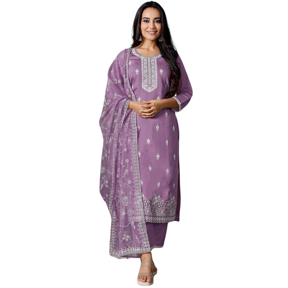 Shienzy Women's Embroidered Work Chanderi Kurta & Pant With Dupatta || Straight Kurta Outfits || Ethnic Set(1655_Prl_M)