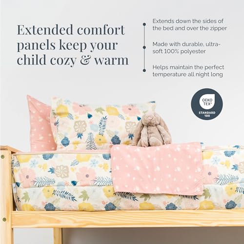 Image of Beddy's Flower Blossoms Durable Zipper Bedding for Kids - Bed in a Bag - Pink Floral Sheets and Comforter - Includes 2 Pillowcases & 2 Shams - Easy to Make & Wash - Full