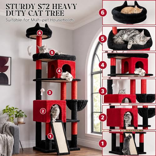 Image of Globlazer Heavy Duty Gothic Cat Tree, 72in Large Cat Tower with Coffin Bed, Sturdy Maine Coon Cat Tree for Large Cats 20 lbs+, Medieval Castle Style with 6 Scratching Posts & Hammock, S72, Black & Red