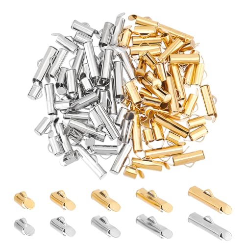 UNICRAFTALE 100 Pcs 5 Tailles 2 Couleurs Tubes à Fermoir Coulissant Acier Inoxydable Embouts de Curseur Tube D'Extrémité à Sertir Fin Tube Curseur Fermoir...
