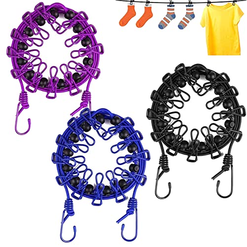 Portable Clothesline With 12Pcs Clips, 3 Pack Windproof Travel Camping Clothes Line Retractable Elastic Laundry Drying Clothes Line For Backyard, Hotel, Outdoor And Indoor Use(Black+Blue+Purple) #TOP26