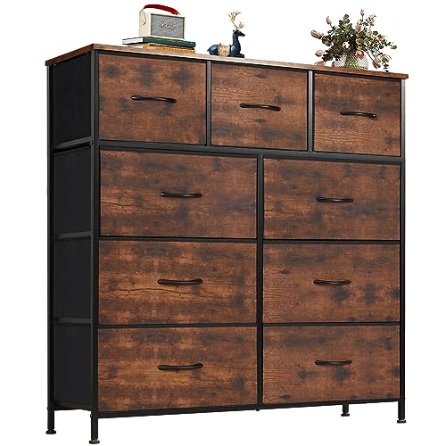 Dresser, Dresser for Bedroom, Storage Drawers, Tall Fabric Storage Tower with 9 Drawers, Chest Organizer Unit with Steel Frame, Wooden Top for Kids Room, Closet, Entryway, Nursery