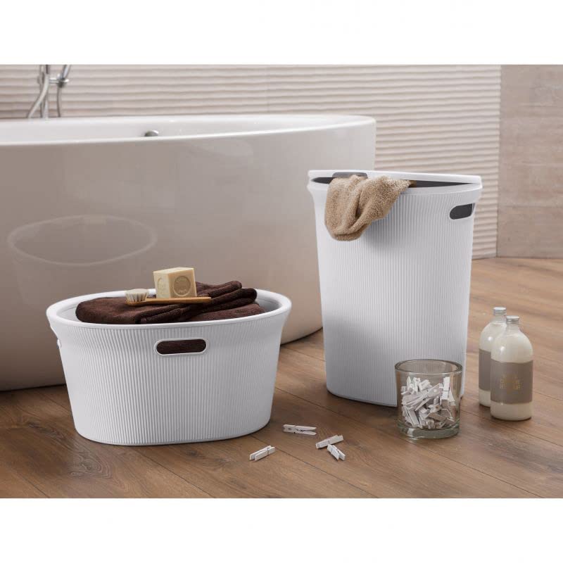 Image of Superio Ribbed Collection - Decorative Plastic Laundry Basket with Cut-Out Handles, White Smoke (1 Pack) Hamper Organzier for Bedroom Bathroom College Dorm Room 35 Liter