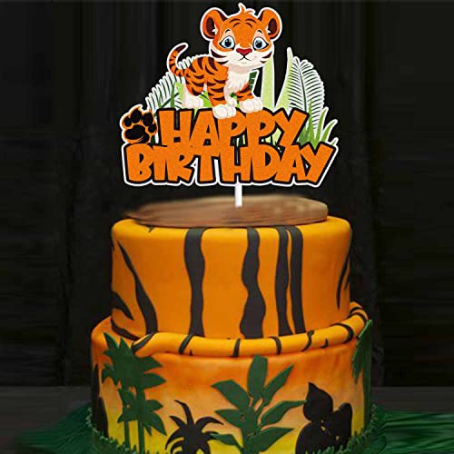 Baby Tiger Happy Birthday Cake Topper Black Orange Glitter Safari Jungle Wild Animals Theme Birthday Cake Decor Cute Tiger Zoo Animal Party Decoration Supplies For Kids Boys Girls #TOP2
