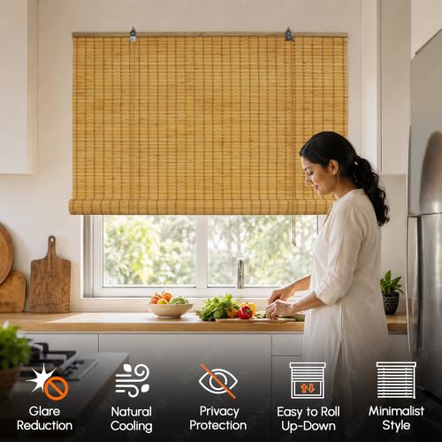 Image of HIPPO Bamboo Curtains - W-3FTXH-7FT Rope Mechanism Roll Up Down Indoor Bamboo Shade for Sun & Dust Protection for Home Window, Balcony, Restaurant, Hotel, Resort (Caramel)