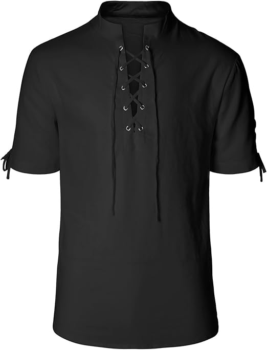 Men's Pirate Shirt Renaissance Medieval Viking Shirt Linen Short Sleeve Lace Up Top Halloween Costume