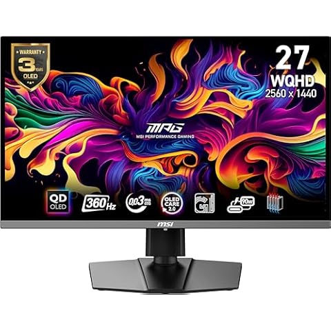 MSI MPG 271QRX QD-OLED, 27 OLED Gaming Monitor, 2560 x 1440 (QHD), OLED 0.03ms Response time, 360Hz, True Black HDR 400, HDMI, DP Port, USB Type C, Tilt, Height Cover