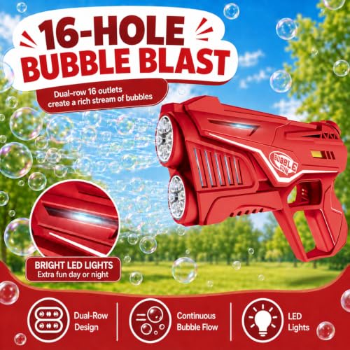 VORBLIX Bubble Gun for Kids 3-8 with LED Lights, Leak-Proof, 16-Hole, Red - image 2