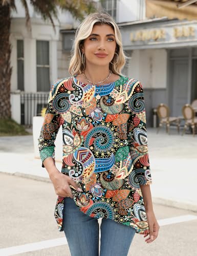 LOMON 3/4 Sleeve Tunic Tops for Women Loose Fit Dressy Casual Blouse Flowy Shirts to Wear with Leggings S-3XL