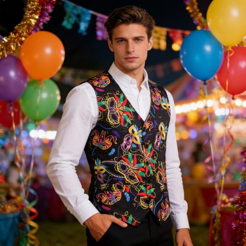 Image of yolsun Men's Mardi Gras Vest 3D-Print Festival Party Holiday Waistcoats Mardi Gras Outfit (Colorful Party Mask, Medium)