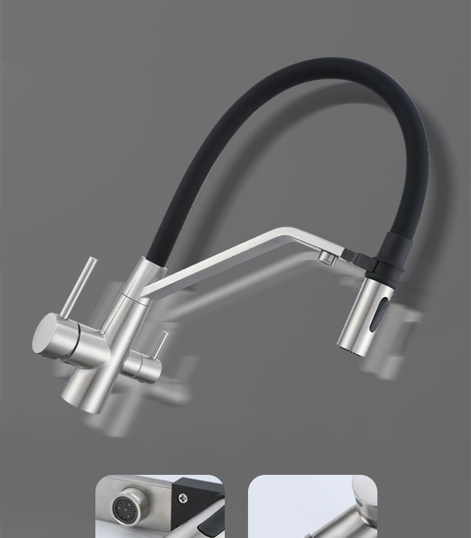 Robinet de cuisine avec bec flexible, mitigeur d'évier 3 en 1 et purificateur de filtre à eau, finition chromée