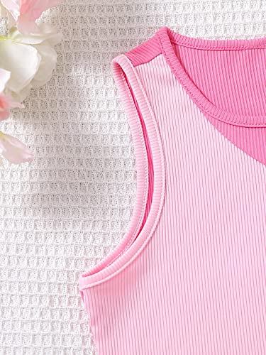 Image of SHENHE Girl's Colorblock Ribbed Knit Round Neck Sleeveless Slim Fit Tank Top Pink 9Y