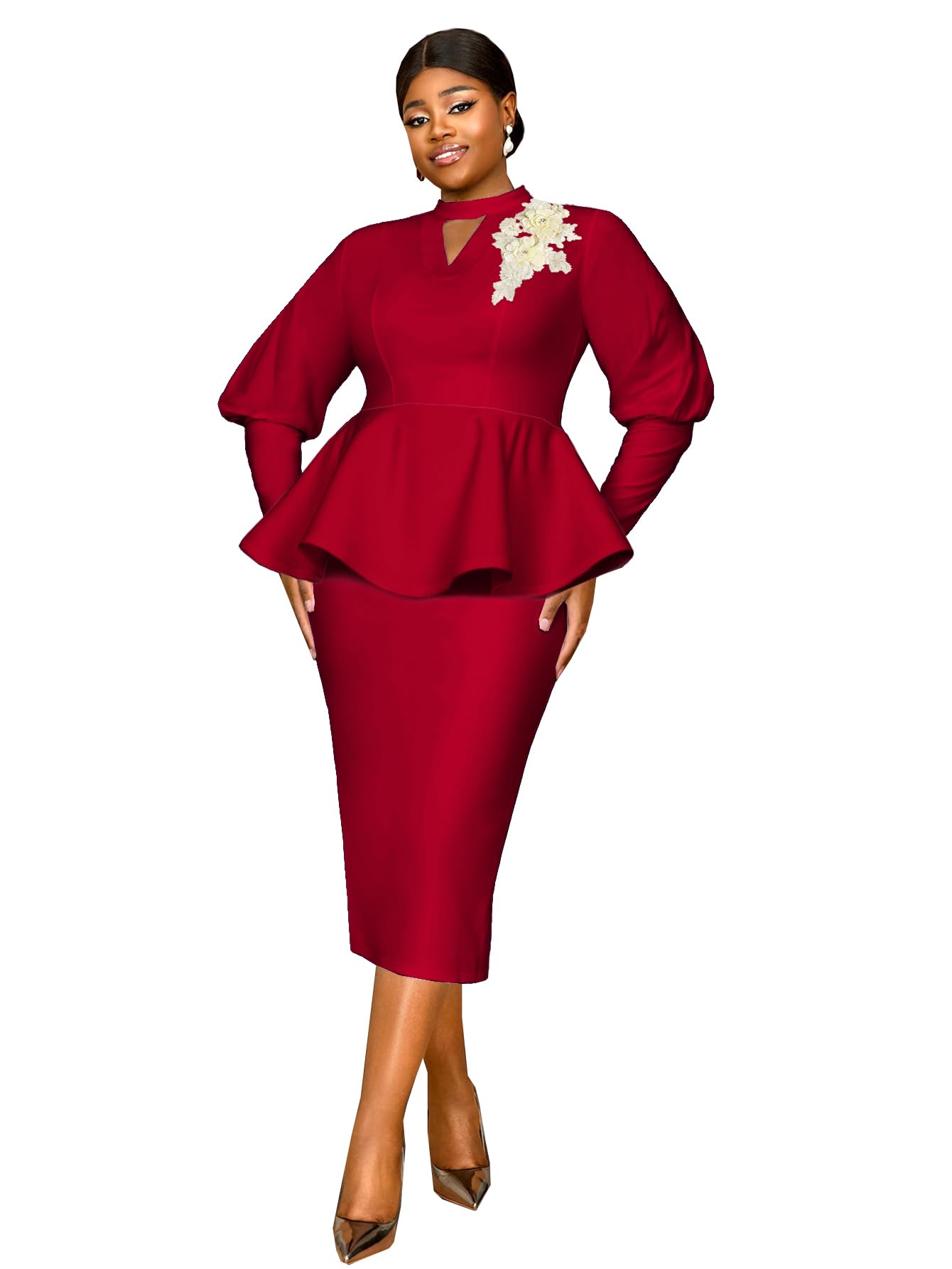 AOMEI Business Suit Sets for Women 2 Piece Outfits Floral Applique Peplum Tops Pencil Midi Skirt Set Formal