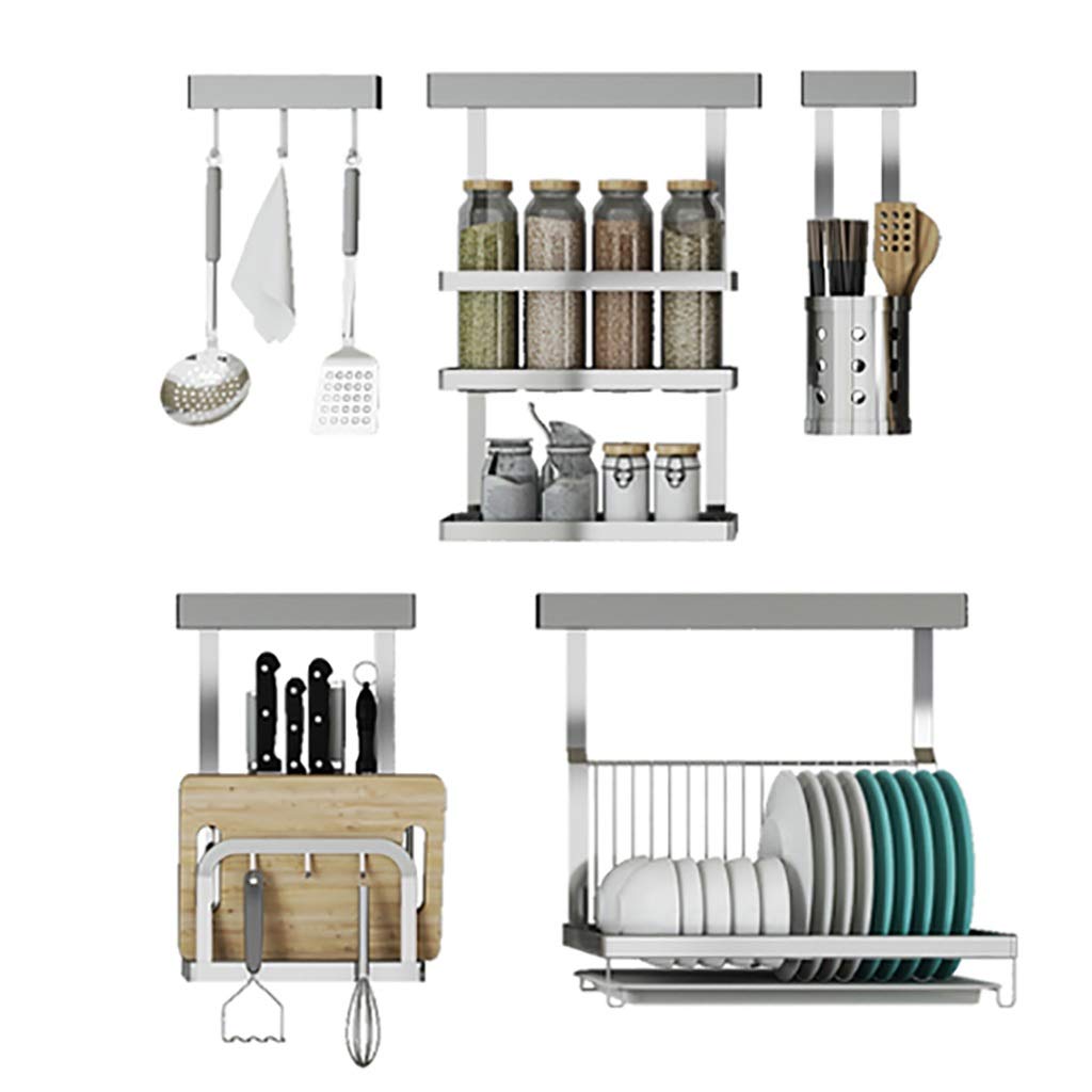 MYUYEE Wall Mounted Dish Drainer Rack, Stainless Steel Spice Bottle Holder, Cutting Rack, Cutlery Cage, Pack Of 5, Space-Saving