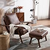 ZHENGHAO Accent Chair with Ottoman, Mid Century Modern Lounge Chair with footrest, Comfy Pu Leather Armchair for Reading/Living Room/Bedroom, Brown, Brown+ottoman