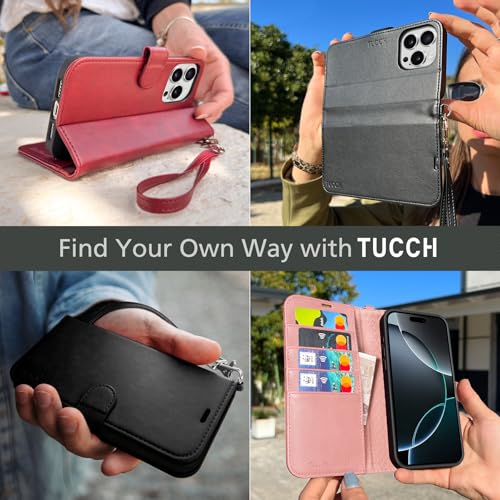 TUCCH Wallet Case for iPhone 16 Pro 6.3" 5G, [Wrist Strap] Kickstand RFID Blocking 4 Card Slots Magnetic Closure, PU Leather Shockproof Compatible with iPhone 16 Pro 2024, Black with Wristlet by TUCCH - Image 9