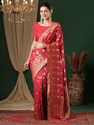 Image of Women's Georgette Kanjeevaram Saree with Woven Ethnic Motif Design, Unstitched Blouse Piece