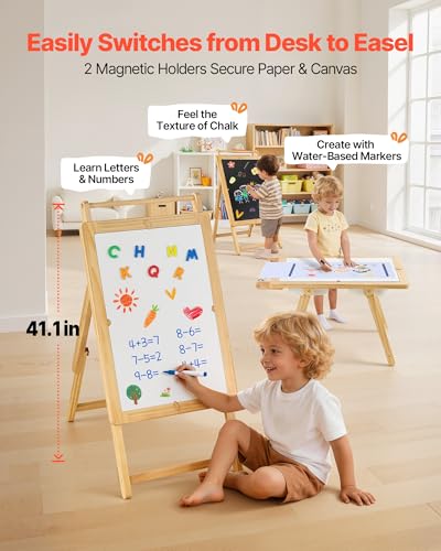 Image of VEVOR Sensory Table for Toddlers, Wooden Kids Activity Table and Art Easel with Reversible Double-Sided Board, Storage Bins, for Boys and Girls Playing Sand and Water, Drawing, Studying, Dining