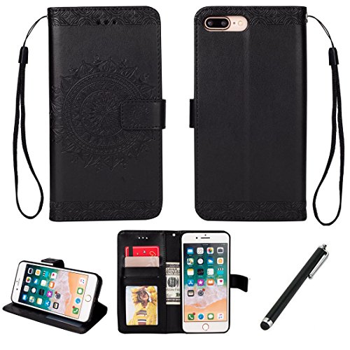 Beddouuk iPhone 8 Plus Case, Vintage Flower Pattern PU Leather Wallet Case with Card Slots Holster,Book Style Design Protective Folder Case Cover for iPhone 8 Plus/iPhone 7 Plus(Black,Totem)
